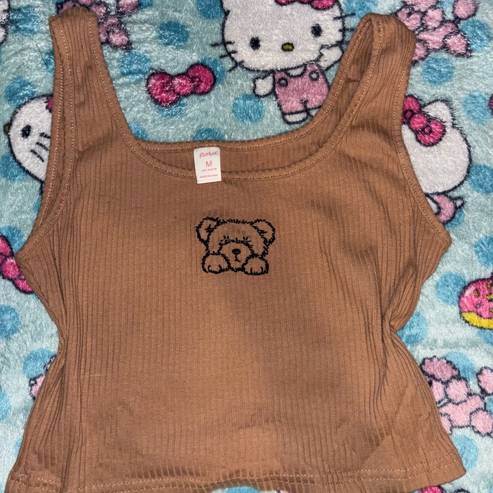 ROMWE Brown Bear Embroidered Crop Top